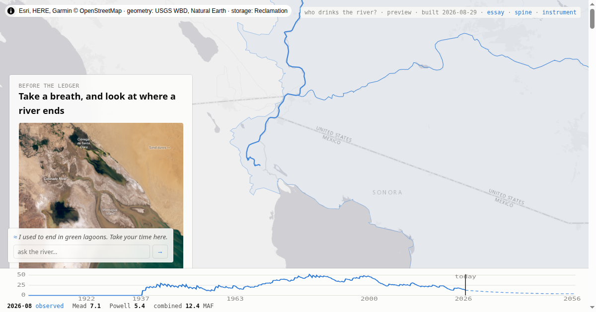 The story's opening screen. The river's delta on a basemap, with the century of reservoir storage as a timeline along the bottom.